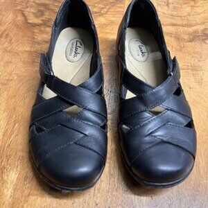 Clarks Women's 8 Ashland Spin Q Slip-On Loafers Black Leather Boho Comfy Shoes